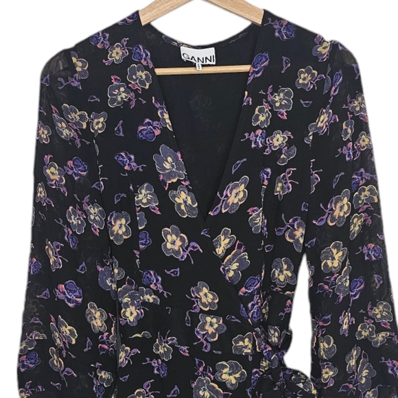 Ganni Georgette Dress Mini Wrap Purple Black Floral Size 38 US 6 - Picture 6 of 9